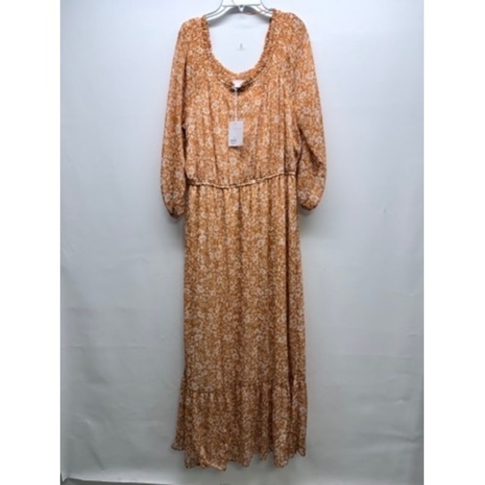 Lauren Conrad Maxi Dress Womens L Orange Floral Smocked Tiered Long Sleeve
